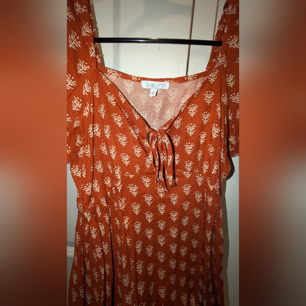 Rust Orange Boho Midi Dress | Puff Sleeve Tie Front Cottagecore Western - Picture 2 of 4